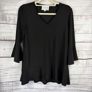 Compli K black V-neck bell sleeve tunic Top ruffle hem Lagenlook‎ Size XS Canada